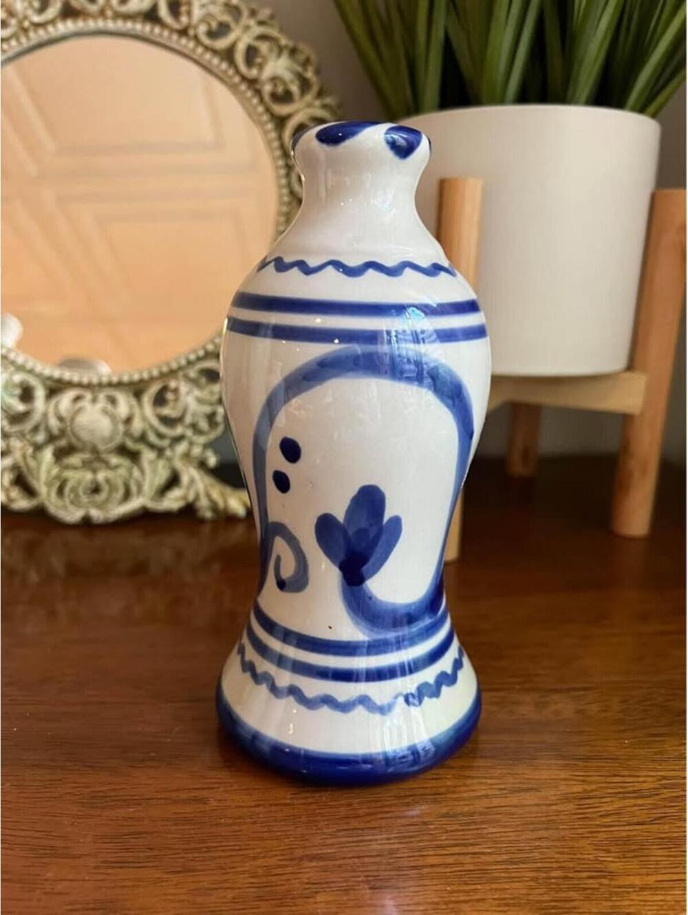 Ceramicas Anoru Spain Hand Painted Blue White Ceramic Bud Vase Floral Decor
